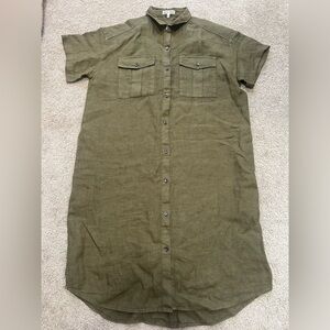 Alex Mill Army Green Short Sleeve Shirt Dress 100% Linen Button Front  Sz XL D51